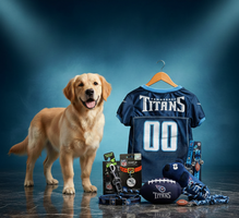Tennessee Titans Pet Gift Box with 2 Licensed Dog Toys, 1 Logo-Engraved Natural Treat, 1 NFL Jersey, 1 Puppy Training Bell, and Car Seat Belt