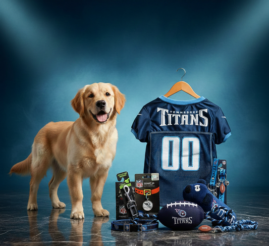 Tennessee Titans Pet Gift Box with 2 Licensed Dog Toys, 1 Logo-Engraved Natural Treat, 1 NFL Jersey, 1 Puppy Training Bell, and Car Seat Belt
