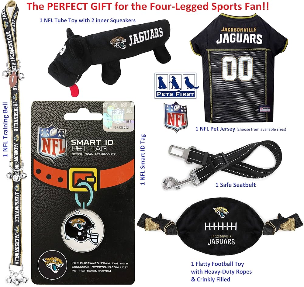 A gift box for pets featuring the Jacksonville Jaguars logo, including two licensed toys, one logo-embossed physical therapy toy, one NFL jersey, one NFL puppy training bell, and one car seat belt.