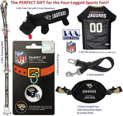 A gift box for pets featuring the Jacksonville Jaguars logo, including two licensed toys, one logo-embossed physical therapy toy, one NFL jersey, one NFL puppy training bell, and one car seat belt.