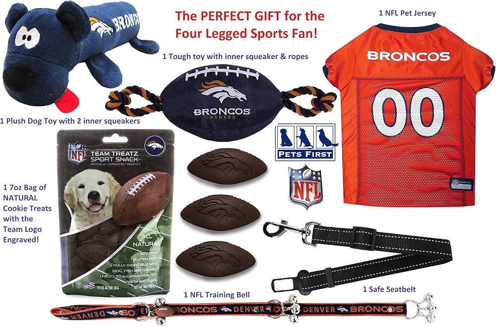 NFL Denver Broncos Pet Gift Box with 2 Licensed Dog Toys, 1 Logo-Engraved Natural Treat, 1 NFL Jersey, Puppy Training Bells, and 1 Car Seat Belt