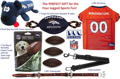 NFL Denver Broncos Pet Gift Box with 2 Licensed Dog Toys, 1 Logo-Engraved Natural Treat, 1 NFL Jersey, Puppy Training Bells, and 1 Car Seat Belt