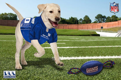 New York Giants Pet Gift Box with 2 Licensed Dog Toys, 1 Logo-Engraved Natural Gift, 1 NFL Jersey, 1 Puppy Training Bell, and a Car Seat Belt