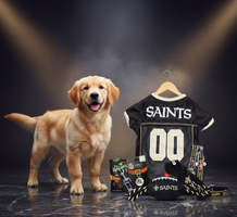 New Orleans Saints NFL Pet Gift Box with 2 Licensed Dog Toys, 1 Logo-Embossed Physical Therapy, 1 NFL Jersey, 1 NFL Puppy Training Bells, and a Car Seat Belt