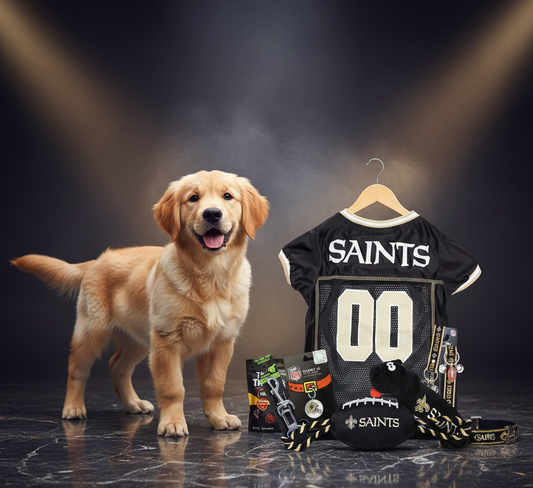 New Orleans Saints NFL Pet Gift Box with 2 Licensed Dog Toys, 1 Logo-Embossed Physical Therapy, 1 NFL Jersey, 1 NFL Puppy Training Bells, and a Car Seat Belt