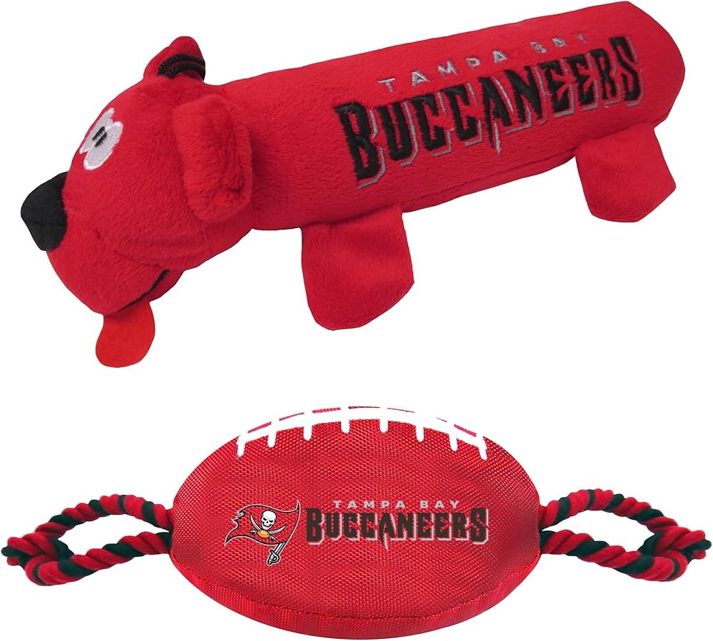 Tampa Bay Buccaneers Pet Gift Box with 2 Licensed Dog Toys, 1 Logo-Engraved Natural Treat, 1 NFL Jersey, 1 Puppy Training Bell, and a Car Seat Belt