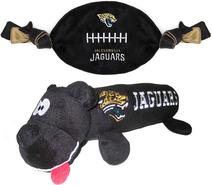 A gift box for pets featuring the Jacksonville Jaguars logo, including two licensed toys, one logo-embossed physical therapy toy, one NFL jersey, one NFL puppy training bell, and one car seat belt.