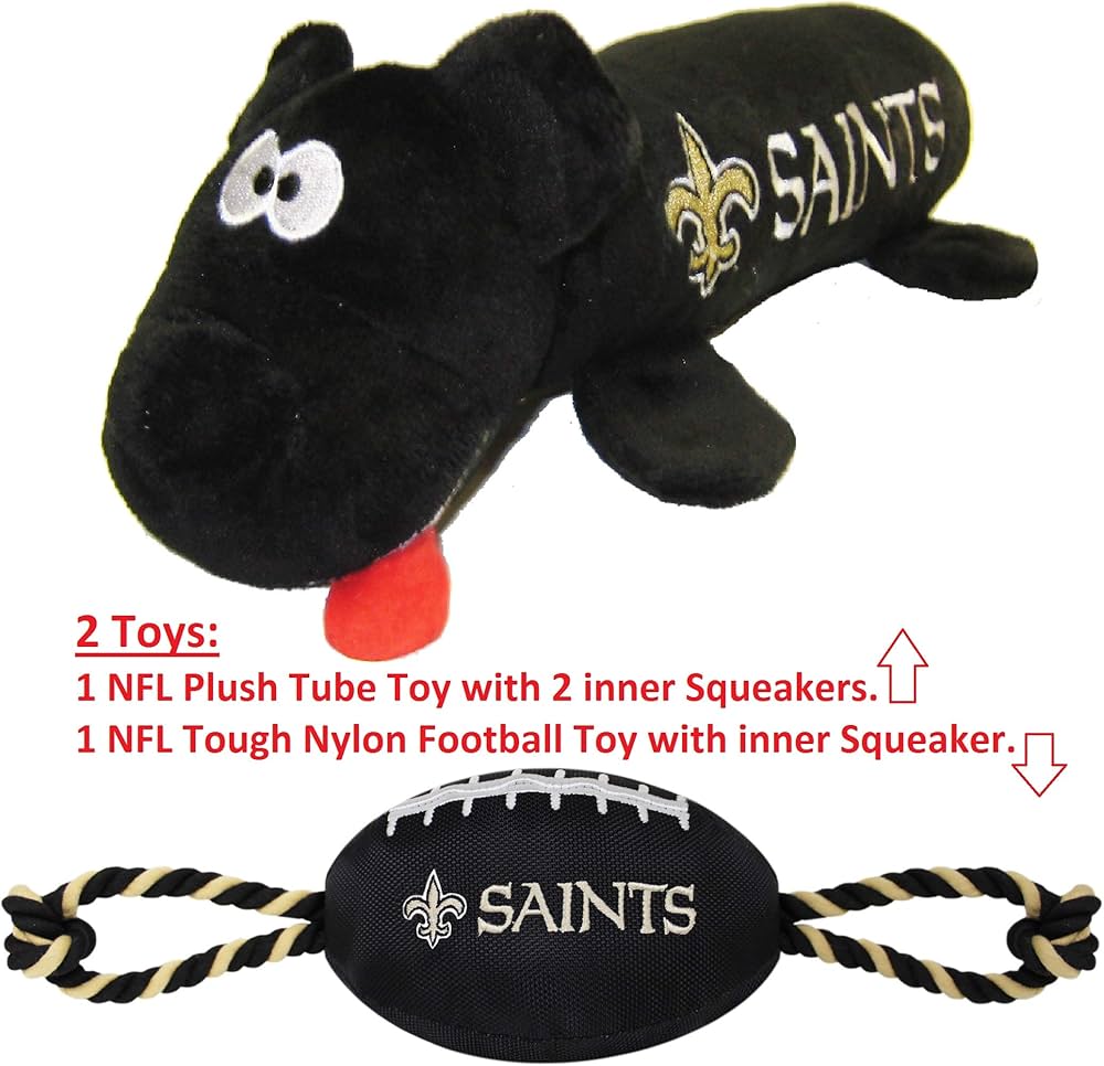 New Orleans Saints NFL Pet Gift Box with 2 Licensed Dog Toys, 1 Logo-Embossed Physical Therapy, 1 NFL Jersey, 1 NFL Puppy Training Bells, and a Car Seat Belt