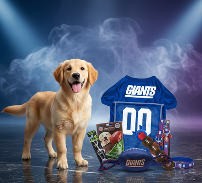 New York Giants Pet Gift Box with 2 Licensed Dog Toys, 1 Logo-Engraved Natural Gift, 1 NFL Jersey, 1 Puppy Training Bell, and a Car Seat Belt