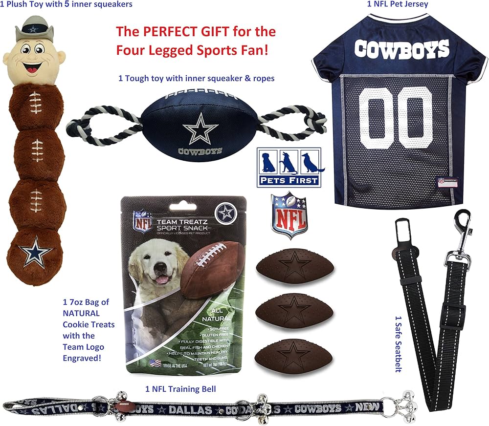 Dallas Cowboys NFL Pet Gift Box with 2 Licensed Dog Toys, 1 Logo-Engraved Treat, 1 NFL Jersey, 1 Puppy Training Bell, and 1 Car Seat Belt