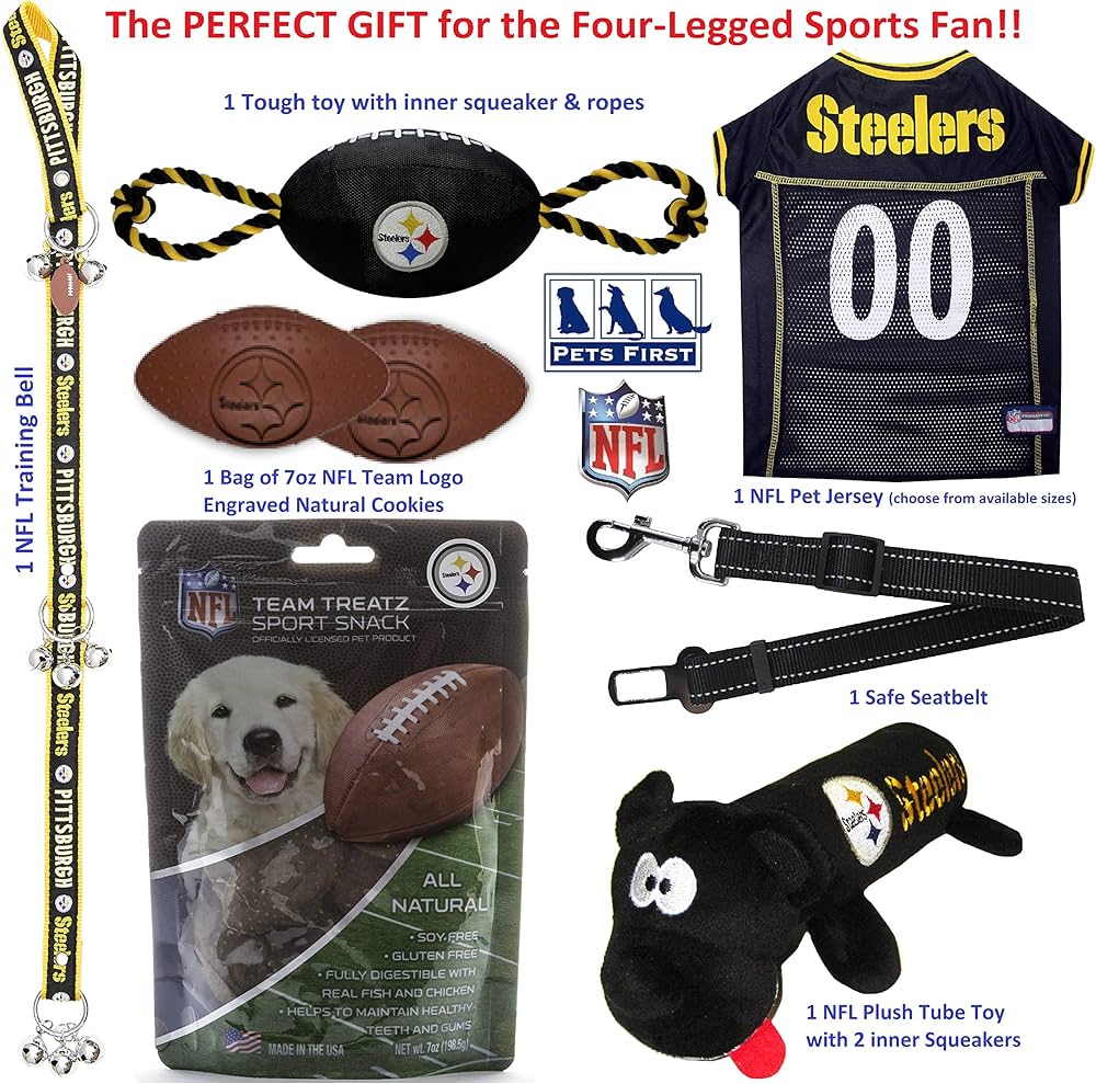 Pittsburgh Steelers NFL Pet Gift Box with 2 Licensed Dog Toys, 1 Logo-Engraved Treat, 1 NFL Jersey, 1 NFL Puppy Training Bell, and 1 Car Seat Belt