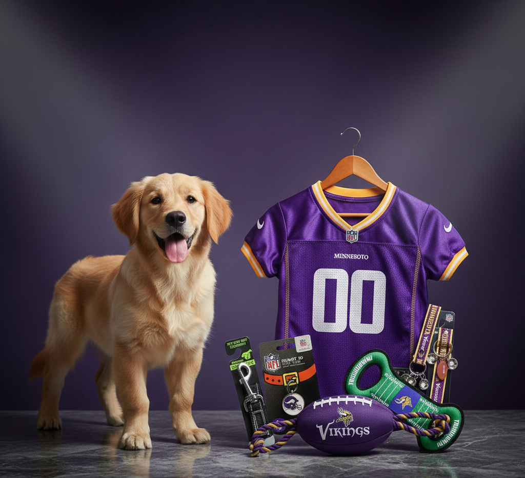 Minnesota Vikings Pet Gift Box with 2 Licensed Dog Toys, 1 Logo-Engraved Natural Treat, 1 NFL Jersey, 1 Puppy Training Bell, and a Car Seat Belt