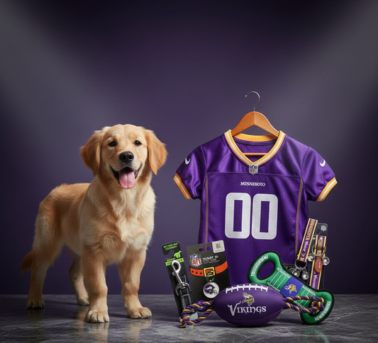 Minnesota Vikings Pet Gift Box with 2 Licensed Dog Toys, 1 Logo-Engraved Natural Treat, 1 NFL Jersey, 1 Puppy Training Bell, and a Car Seat Belt