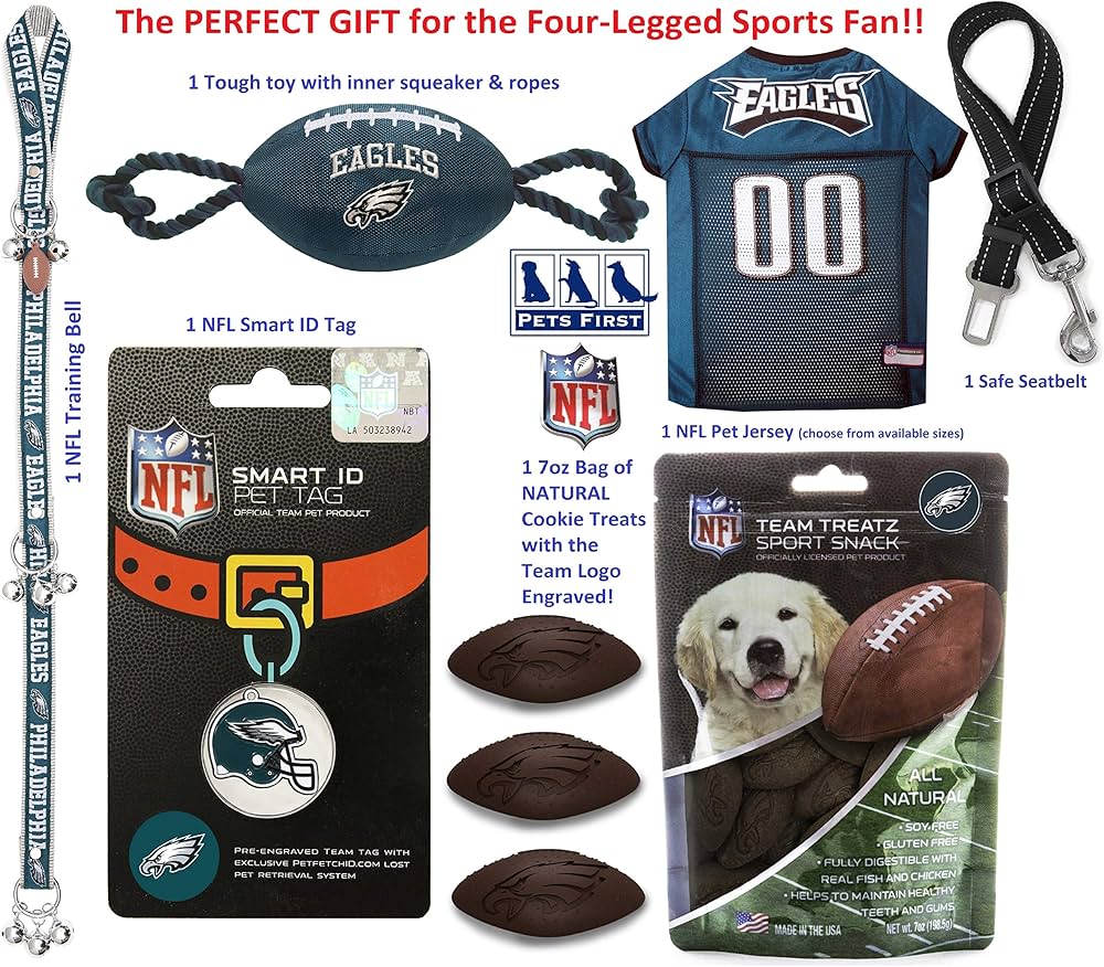Philadelphia Eagles NFL Pet Gift Box with 2 Licensed Dog Toys, 1 Logo-Engraved Treat, 1 NFL Jersey, 1 NFL Puppy Training Bell, and 1 Car Seat Belt