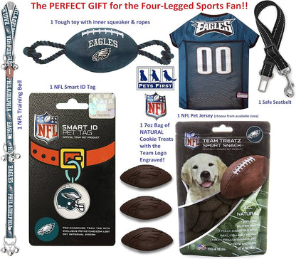 Philadelphia Eagles NFL Pet Gift Box with 2 Licensed Dog Toys, 1 Logo-Engraved Treat, 1 NFL Jersey, 1 NFL Puppy Training Bell, and 1 Car Seat Belt