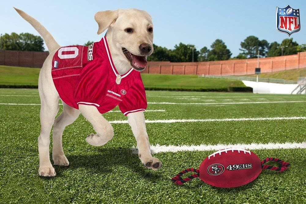 NFL San Francisco 49ers Pet Gift Box with 2 Licensed Dog Toys, 1 Logo-Engraved Treat, 1 NFL Jersey, 1 NFL Puppy Training Bell, and 1 Car Seat Belt