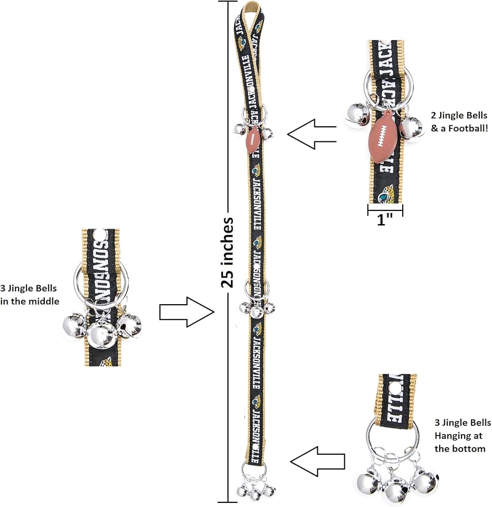 A gift box for pets featuring the Jacksonville Jaguars logo, including two licensed toys, one logo-embossed physical therapy toy, one NFL jersey, one NFL puppy training bell, and one car seat belt.