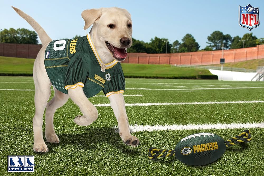 NFL Green Bay Packers Pet Gift Box with 2 Licensed Dog Toys, 1 Logo-Engraved Treat, 1 NFL Jersey, 1 Puppy Training Bell and 1 Car Seat Belt