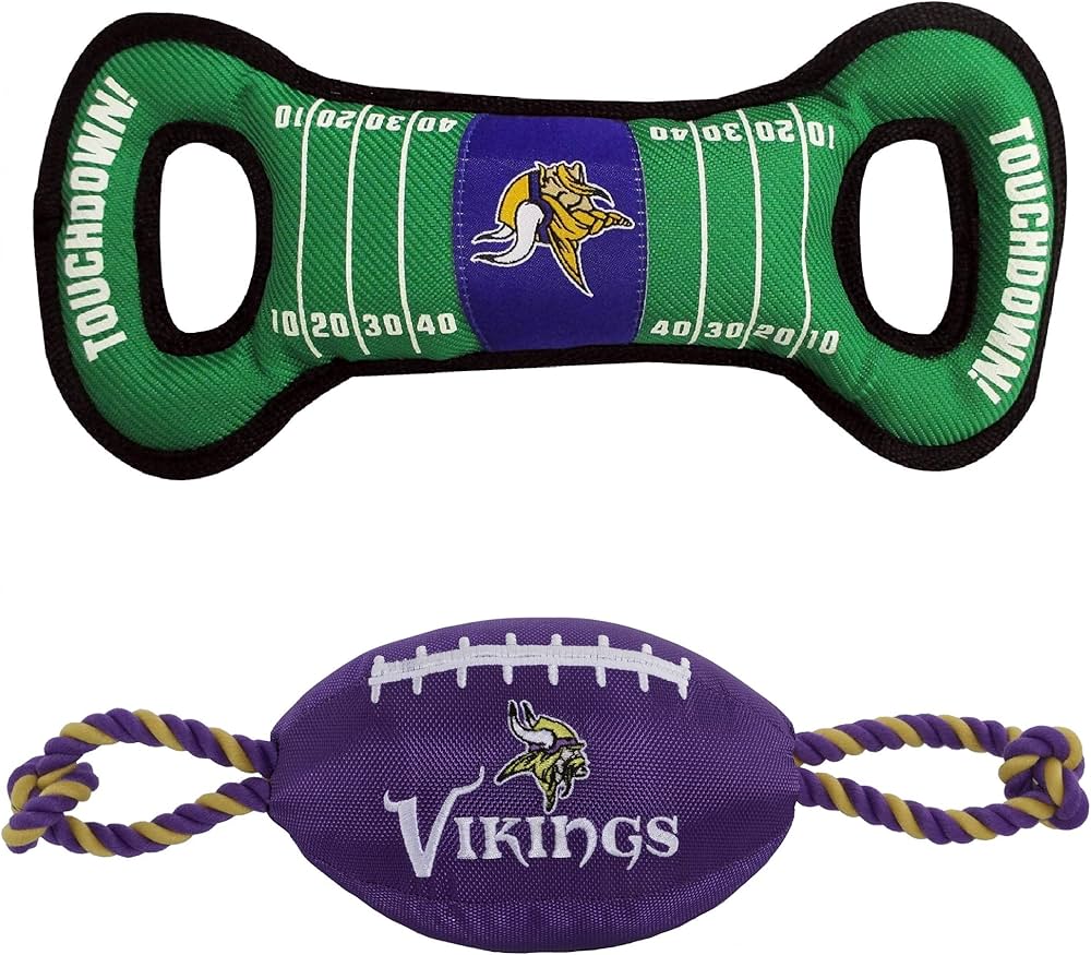 Minnesota Vikings Pet Gift Box with 2 Licensed Dog Toys, 1 Logo-Engraved Natural Treat, 1 NFL Jersey, 1 Puppy Training Bell, and a Car Seat Belt