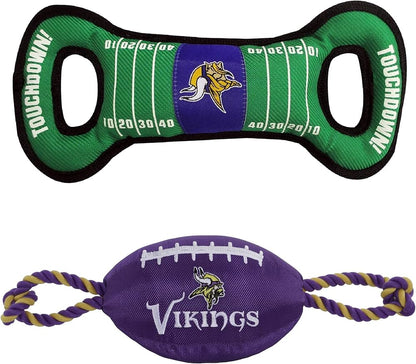 Minnesota Vikings Pet Gift Box with 2 Licensed Dog Toys, 1 Logo-Engraved Natural Treat, 1 NFL Jersey, 1 Puppy Training Bell, and a Car Seat Belt