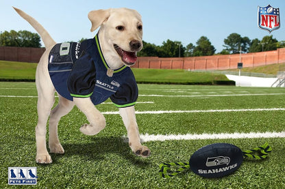 Seattle Seahawks NFL Pet Gift Box with 2 Licensed Dog Toys, 1 Logo-Engraved Natural Treat, 1 NFL Jersey, 1 Puppy Training Bell, and a Car Seat Belt