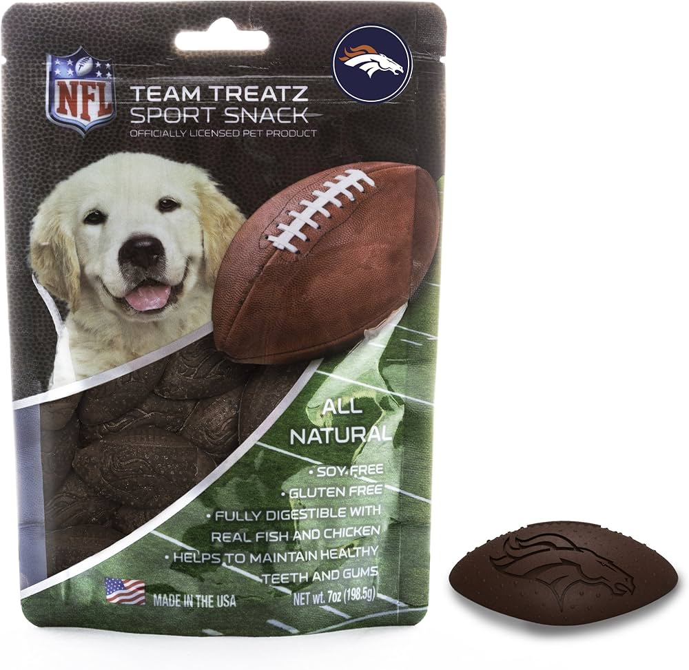 NFL Denver Broncos Pet Gift Box with 2 Licensed Dog Toys, 1 Logo-Engraved Natural Treat, 1 NFL Jersey, Puppy Training Bells, and 1 Car Seat Belt