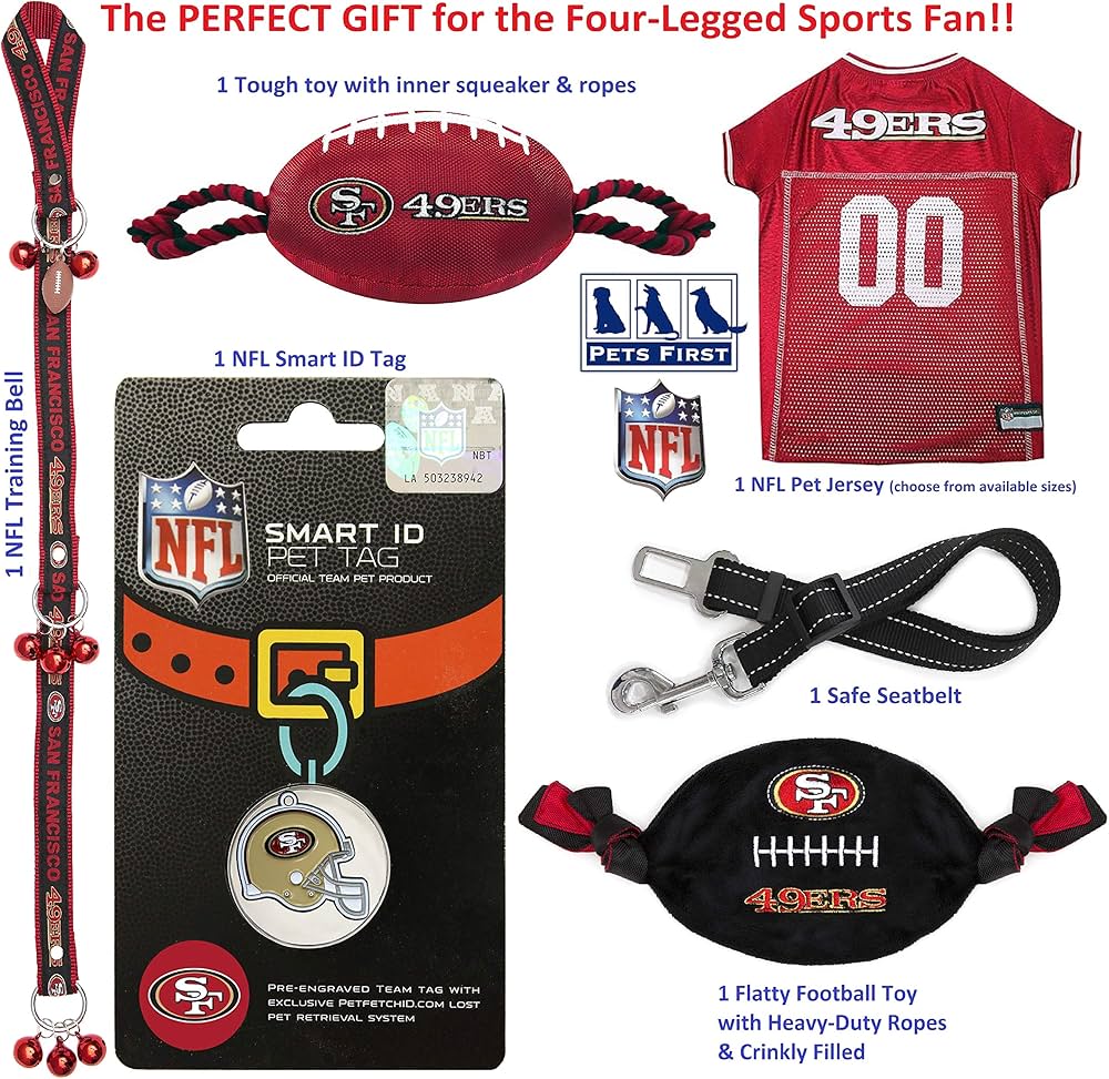 NFL San Francisco 49ers Pet Gift Box with 2 Licensed Dog Toys, 1 Logo-Engraved Treat, 1 NFL Jersey, 1 NFL Puppy Training Bell, and 1 Car Seat Belt