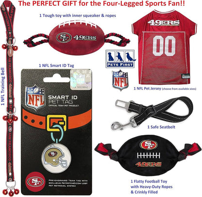 NFL San Francisco 49ers Pet Gift Box with 2 Licensed Dog Toys, 1 Logo-Engraved Treat, 1 NFL Jersey, 1 NFL Puppy Training Bell, and 1 Car Seat Belt