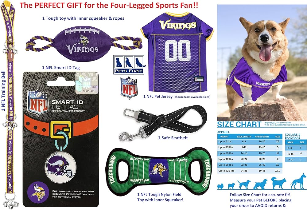 Minnesota Vikings Pet Gift Box with 2 Licensed Dog Toys, 1 Logo-Engraved Natural Treat, 1 NFL Jersey, 1 Puppy Training Bell, and a Car Seat Belt