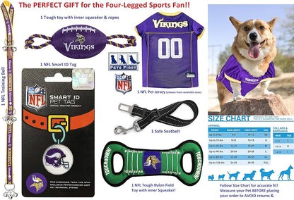 Minnesota Vikings Pet Gift Box with 2 Licensed Dog Toys, 1 Logo-Engraved Natural Treat, 1 NFL Jersey, 1 Puppy Training Bell, and a Car Seat Belt