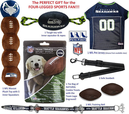 Seattle Seahawks NFL Pet Gift Box with 2 Licensed Dog Toys, 1 Logo-Engraved Natural Treat, 1 NFL Jersey, 1 Puppy Training Bell, and a Car Seat Belt