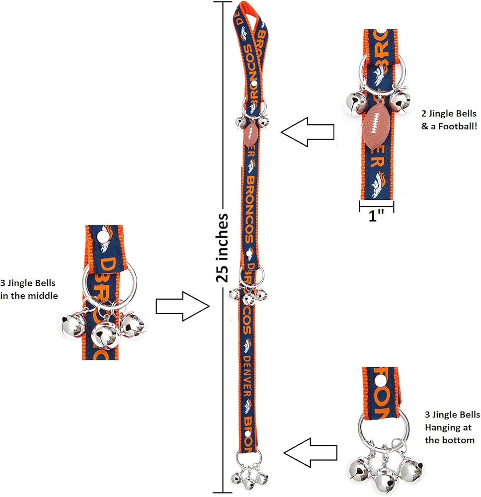 NFL Denver Broncos Pet Gift Box with 2 Licensed Dog Toys, 1 Logo-Engraved Natural Treat, 1 NFL Jersey, Puppy Training Bells, and 1 Car Seat Belt