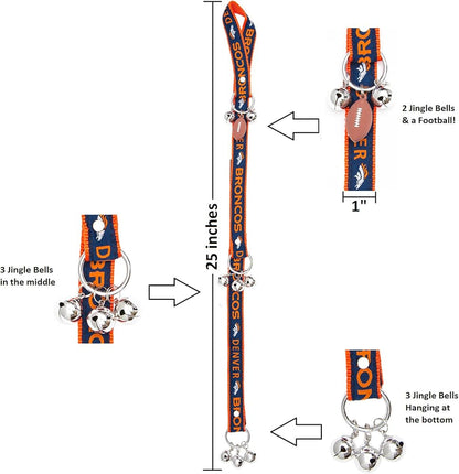 NFL Denver Broncos Pet Gift Box with 2 Licensed Dog Toys, 1 Logo-Engraved Natural Treat, 1 NFL Jersey, Puppy Training Bells, and 1 Car Seat Belt