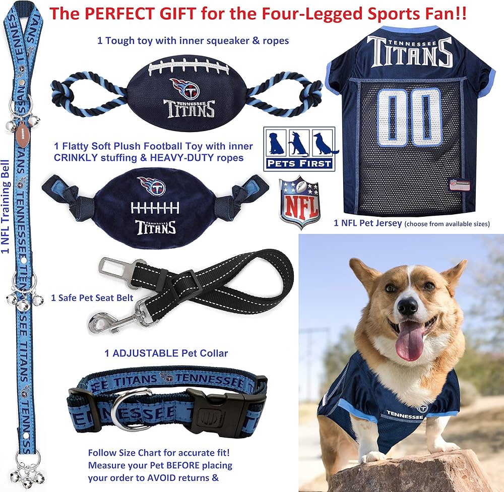 Tennessee Titans Pet Gift Box with 2 Licensed Dog Toys, 1 Logo-Engraved Natural Treat, 1 NFL Jersey, 1 Puppy Training Bell, and Car Seat Belt