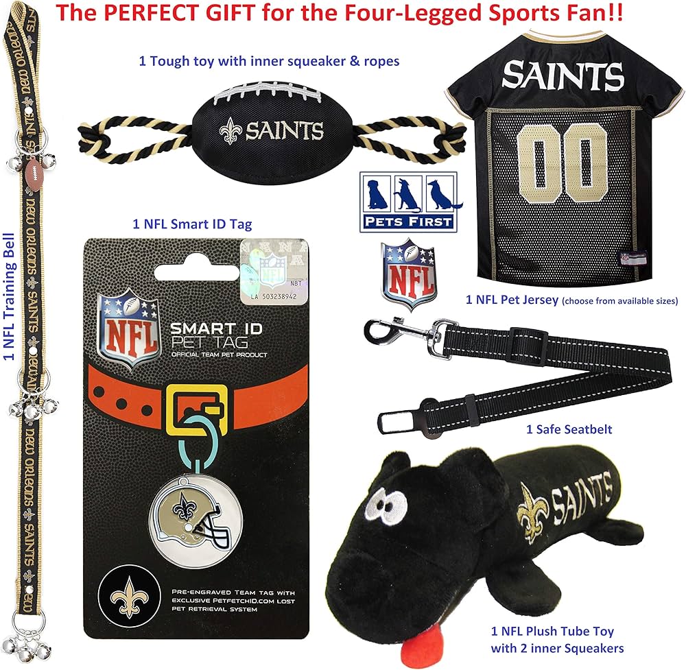 New Orleans Saints NFL Pet Gift Box with 2 Licensed Dog Toys, 1 Logo-Embossed Physical Therapy, 1 NFL Jersey, 1 NFL Puppy Training Bells, and a Car Seat Belt