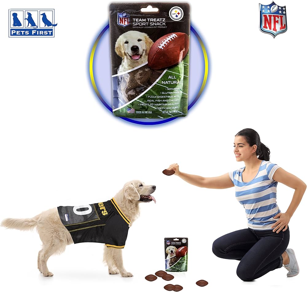 Pittsburgh Steelers NFL Pet Gift Box with 2 Licensed Dog Toys, 1 Logo-Engraved Treat, 1 NFL Jersey, 1 NFL Puppy Training Bell, and 1 Car Seat Belt