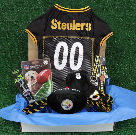 Pittsburgh Steelers NFL Pet Gift Box with 2 Licensed Dog Toys, 1 Logo-Engraved Treat, 1 NFL Jersey, 1 NFL Puppy Training Bell, and 1 Car Seat Belt