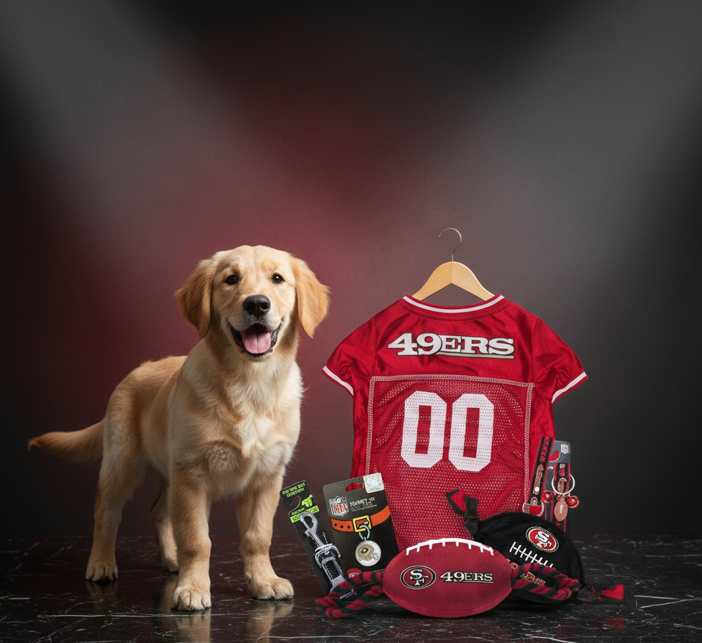 NFL San Francisco 49ers Pet Gift Box with 2 Licensed Dog Toys, 1 Logo-Engraved Treat, 1 NFL Jersey, 1 NFL Puppy Training Bell, and 1 Car Seat Belt