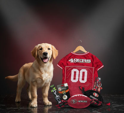 NFL San Francisco 49ers Pet Gift Box with 2 Licensed Dog Toys, 1 Logo-Engraved Treat, 1 NFL Jersey, 1 NFL Puppy Training Bell, and 1 Car Seat Belt