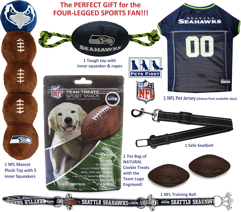 NFL New England Patriots Pet Gift Box with 2 Licensed Dog Toys, 1 Logo-Engraved Natural Treat, 1 NFL Jersey, 1 Puppy Training Bell, and a Car Seat Belt