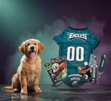 Philadelphia Eagles NFL Pet Gift Box with 2 Licensed Dog Toys, 1 Logo-Engraved Treat, 1 NFL Jersey, 1 NFL Puppy Training Bell, and 1 Car Seat Belt