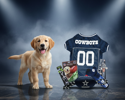 Dallas Cowboys NFL Pet Gift Box with 2 Licensed Dog Toys, 1 Logo-Engraved Treat, 1 NFL Jersey, 1 Puppy Training Bell, and 1 Car Seat Belt