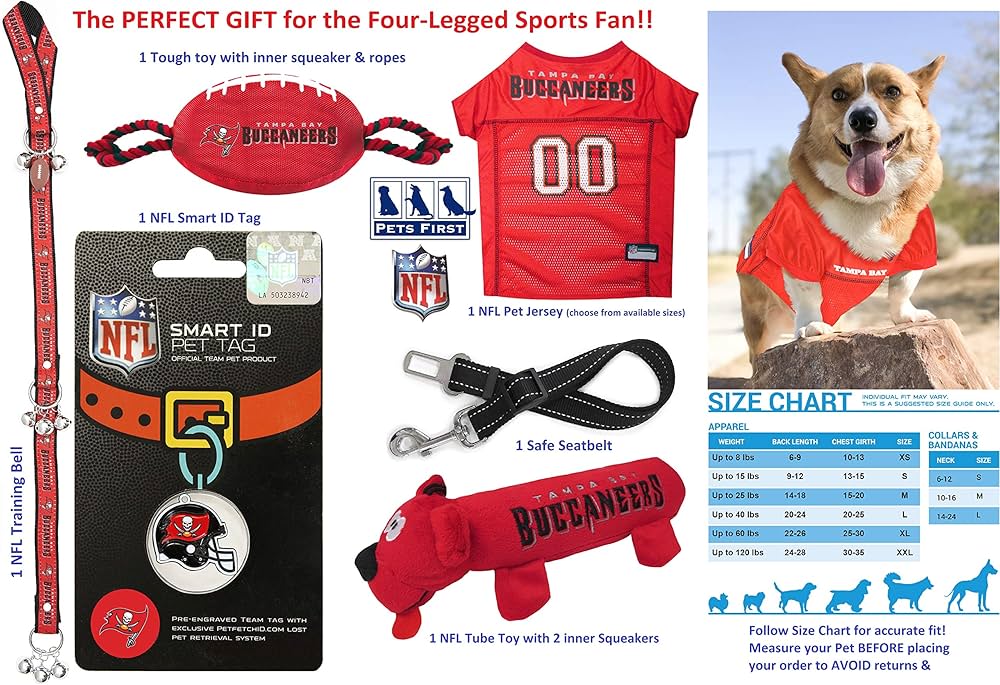 Tampa Bay Buccaneers Pet Gift Box with 2 Licensed Dog Toys, 1 Logo-Engraved Natural Treat, 1 NFL Jersey, 1 Puppy Training Bell, and a Car Seat Belt