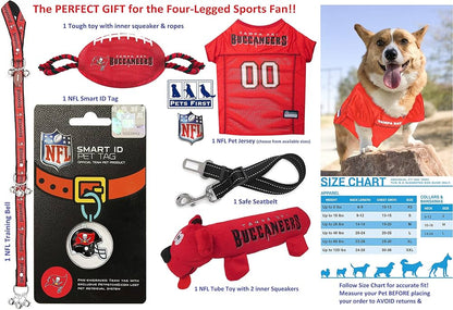Tampa Bay Buccaneers Pet Gift Box with 2 Licensed Dog Toys, 1 Logo-Engraved Natural Treat, 1 NFL Jersey, 1 Puppy Training Bell, and a Car Seat Belt