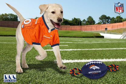 NFL Denver Broncos Pet Gift Box with 2 Licensed Dog Toys, 1 Logo-Engraved Natural Treat, 1 NFL Jersey, Puppy Training Bells, and 1 Car Seat Belt