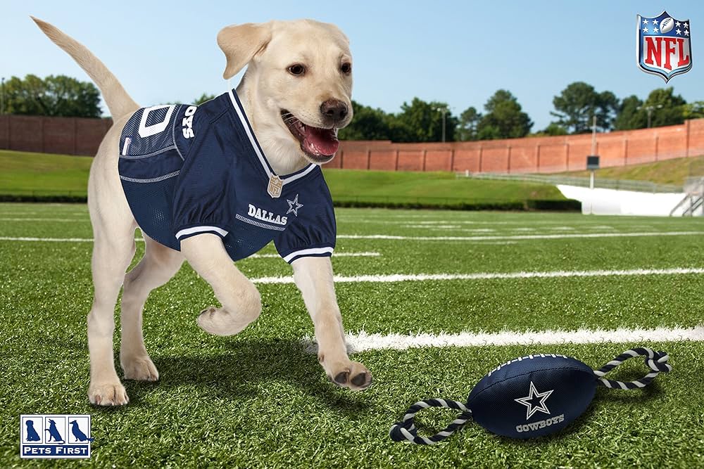 Dallas Cowboys NFL Pet Gift Box with 2 Licensed Dog Toys, 1 Logo-Engraved Treat, 1 NFL Jersey, 1 Puppy Training Bell, and 1 Car Seat Belt