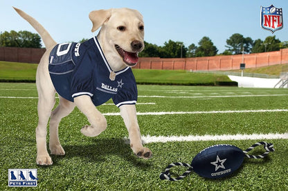 Dallas Cowboys NFL Pet Gift Box with 2 Licensed Dog Toys, 1 Logo-Engraved Treat, 1 NFL Jersey, 1 Puppy Training Bell, and 1 Car Seat Belt