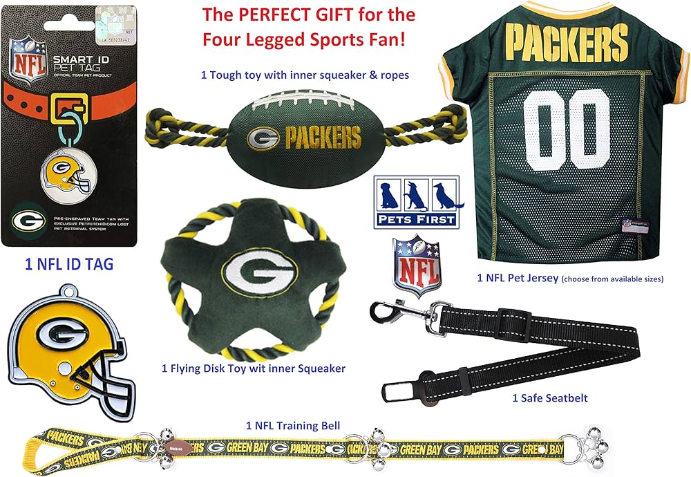 NFL Green Bay Packers Pet Gift Box with 2 Licensed Dog Toys, 1 Logo-Engraved Treat, 1 NFL Jersey, 1 Puppy Training Bell and 1 Car Seat Belt