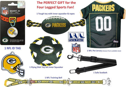 NFL Green Bay Packers Pet Gift Box with 2 Licensed Dog Toys, 1 Logo-Engraved Treat, 1 NFL Jersey, 1 Puppy Training Bell and 1 Car Seat Belt