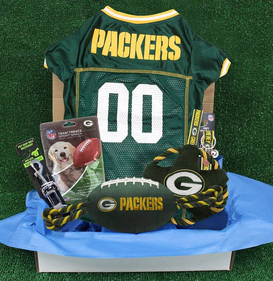NFL Green Bay Packers Pet Gift Box with 2 Licensed Dog Toys, 1 Logo-Engraved Treat, 1 NFL Jersey, 1 Puppy Training Bell and 1 Car Seat Belt